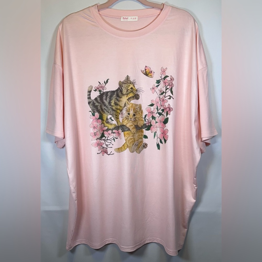 ROMWE Pink Cat and Floral Print Large Oversized T-Shirt NWOT